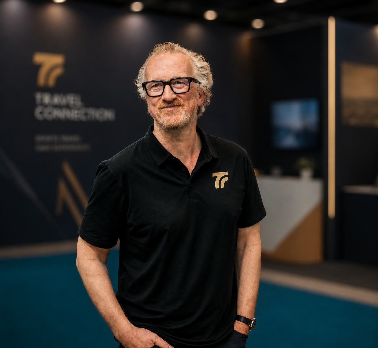 Portrait of a Travel Connection team member at a football travel and hospitality trade event.